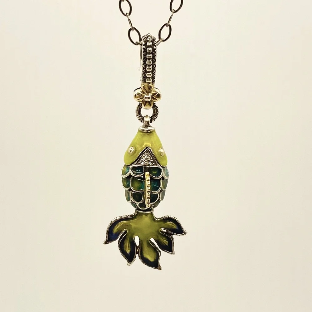 Barabara Bixby 18kt Gold Sterling and Topaz Reticulated Enamel Fish Pendant